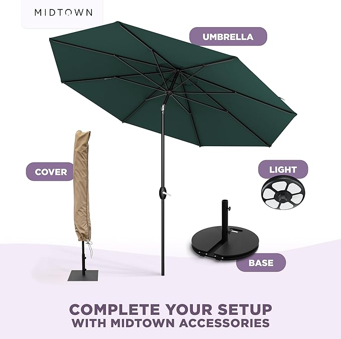 Midtown Umbrellas - 10-Year-No-Fade 10 Ft Patio Umbrella with Terylast Fabric Auto-Tilt Aluminum Frame and 8 Reinforced Ribs for Deck Pool Garden &amp Beach - Forest Green Canopy Black Pole