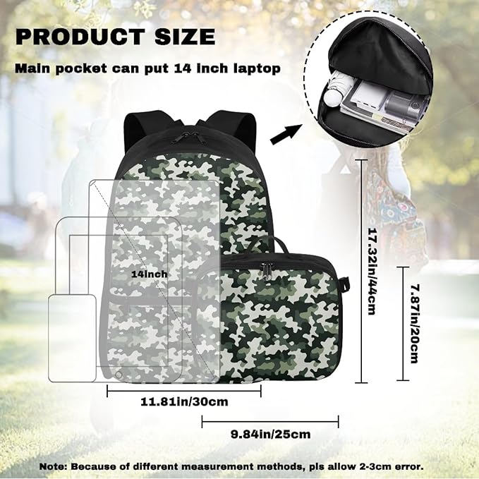 Backpack for Men Green Camouflage School Bag with Lunch Bag Lightweight Bookbag with Detachable Lunchbox for Travel Outdoor Casual Daypack