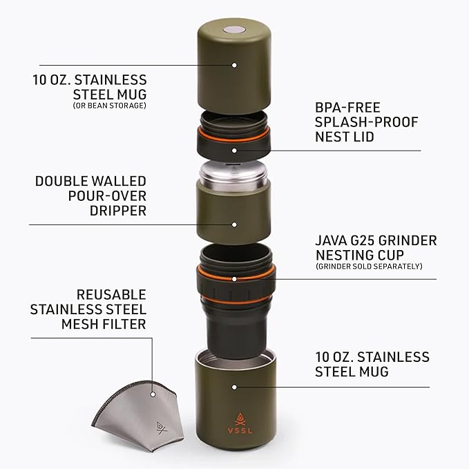 VSSL - Nest Pour Over Coffee Kit | Coffee Maker for Camping | All-In-One Travel Pour Over | Transportable Dripper Two 10oz Stainless Steel Travel Mugs | Compact Storage &amp Adventure Ready | Deep M