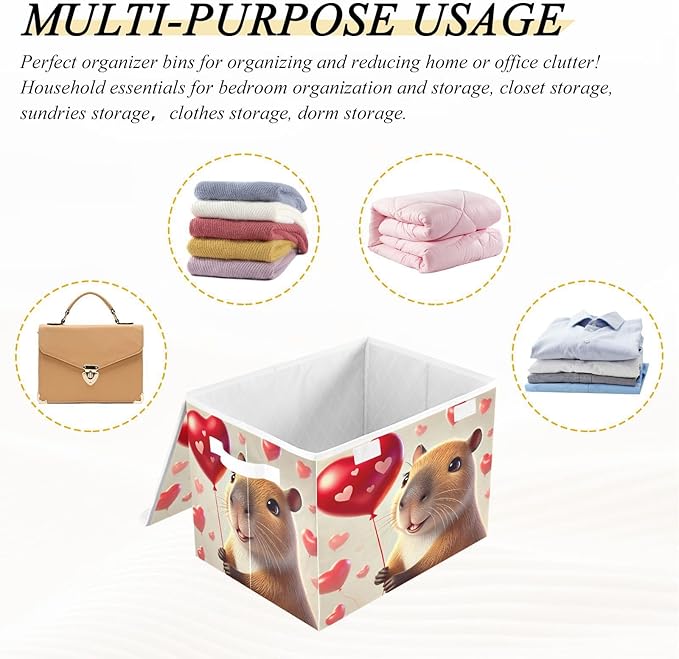 Capybara Valentines Balloon Heart Storage Bin Box with Lids Closet Storage Cube Large Foldable Organizer Container Fabric with Handles for Bedroom Clothes