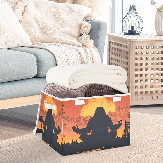Storage Cube with Lid Meditating Sasquatch Print 16.5×12.6×11.8 IN Collapsible Large Capacity Foldable Storage Basket Bin Organizer