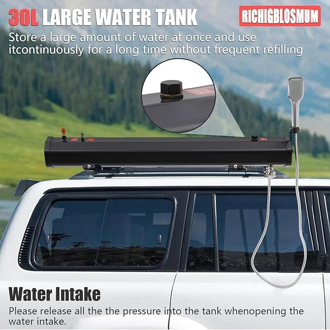 Portable Roof Rack Water Tank – Sun-Powered Pressurized Shower for Overlanding Pet Washing Gear Cleaning &amp Vehicle Water Storage – Includes 5.58ft Hose &amp Carry Bag