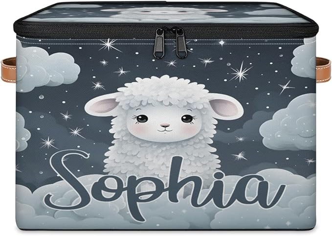 Custom Storage Basket with Name Personalized Storage Bins with Zipper Lid Foldable Fabric Storage Box Large capacity with Handle Cloud Sheep