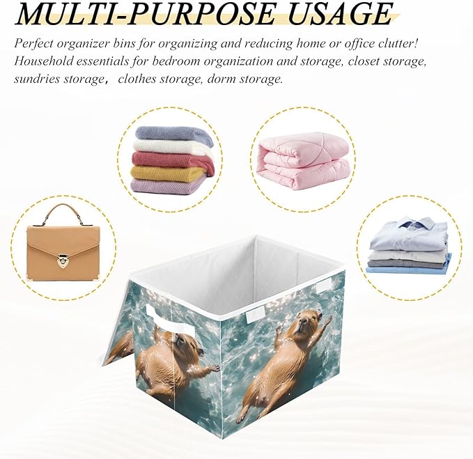 AIXIWAWA Lidded Storage Cube (Floating Capybara) Fabric Foldable Closet Bins with Flip Lid and Handles Organizer Basket Container 16.5 x 12.6 x 11.8 IN
