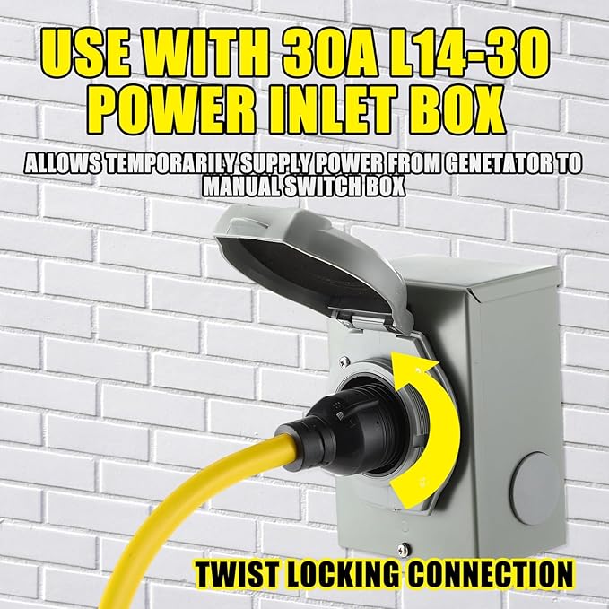 Tellegloww 25 FT 5-15P to L14-30R Adapter Cord Generator Transfer Switch Generator House Inlet Box Adapter 15Amp 3Prong 5-15 Male to 30Amp 4Prong L14-30 Locking Female 10 AWG ETL Listed