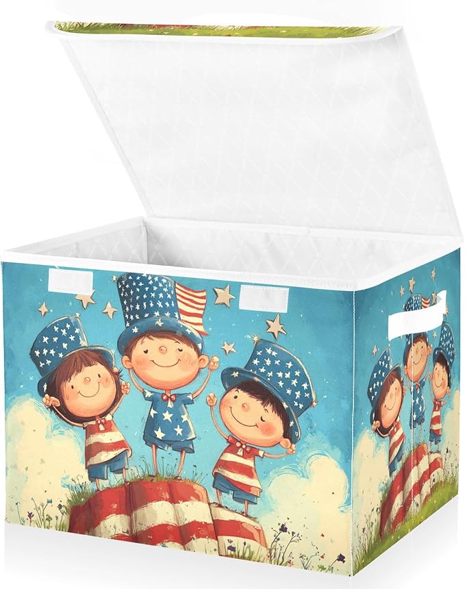 Collapsible Storage Bins with Lids Decorative Fabric Storage Cubes Closet Organizer and Storage Basket Boxes Containers for Clothes Box Chest Nursery Folding Rectangle July 4th Midgets Flag B
