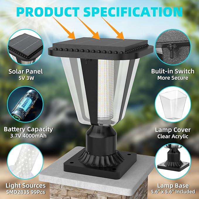Lovus Solar Post Lights with Pier Mount Base 6000K Cold White Solar Lamp Post Light IP65 Waterproof Dusk to Dawn LED Outdoor Column Lights 400LM Pole Light for Pillar Garden Yard Gate 2 Pack