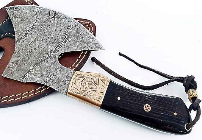 Dessi Handmade Damascus Steel Axe Hatchet Wenge Wood Handle Brass Engraved Bolster Leather Sheath Camping Bushcraft EDC Tomahawk Gift Men SM45