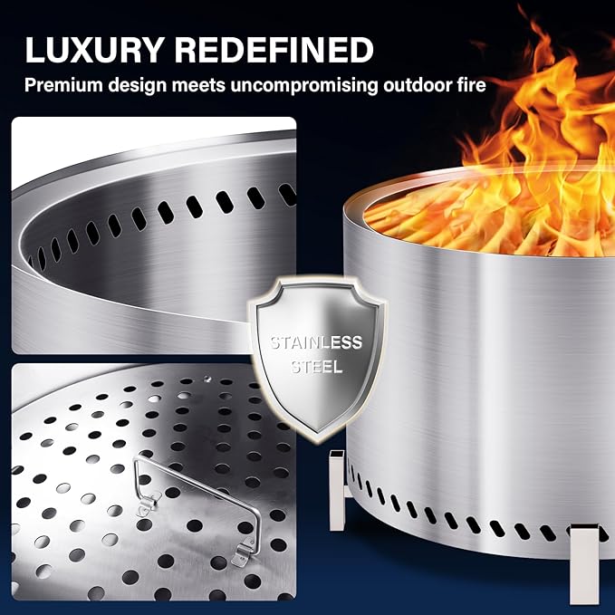 HGD 28 Smokeless Firepit with Stand &amp Grill Rack Large Stainless Steel Wood Burning Fire Pit for Friends &amp Family Gatherings Secondary Combustion Outdoor Patio Stove for Garden BBQ &amp Bo