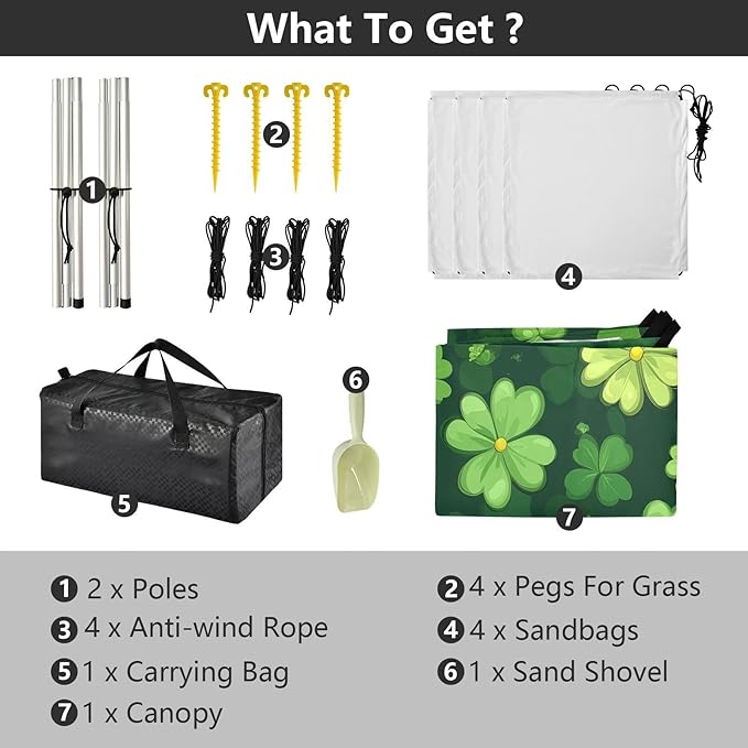 St Patrick's Day Clovers Beach Tent Sun Shelter Set UPF50+ UV Protection 10.5 x 9.19 FT Camping Shade Canopy with Sandbags Sand Anchors Carrying Bag and Others