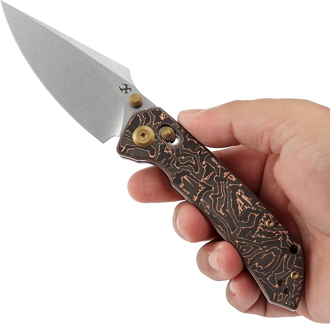 KANSEPT Fenrir Pocket Knife3.48'' Stonewashed CPM S35VN Harpoon Sharp BladeCopper Carbon Fiber Handle with Crossbar LockThumb Stud Pocket Clip for EdcCamping Survival Hiking Folding Knives K1034V3