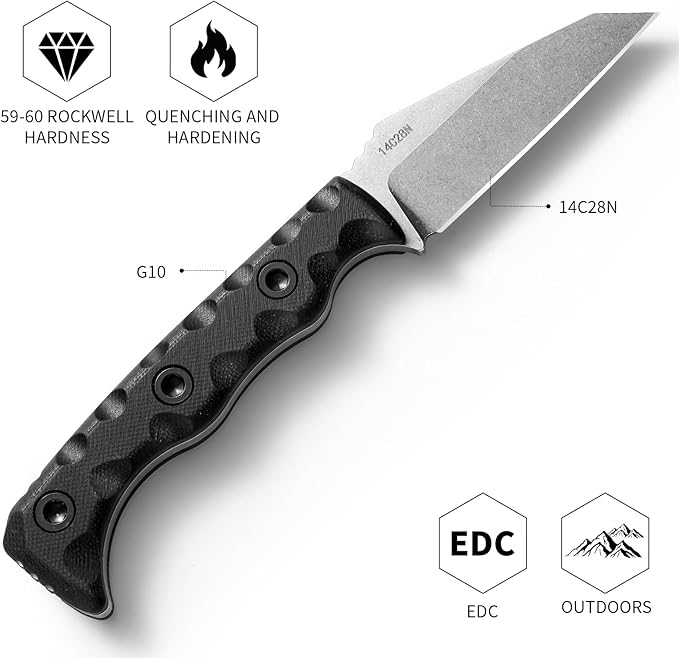 EDC Fixed Blade Knife 14C28N Steel Blade G10 Handle 3 Blade 7.3 Overall Carbon Fiber Sheath Outdoor Hunting Knife (Black)