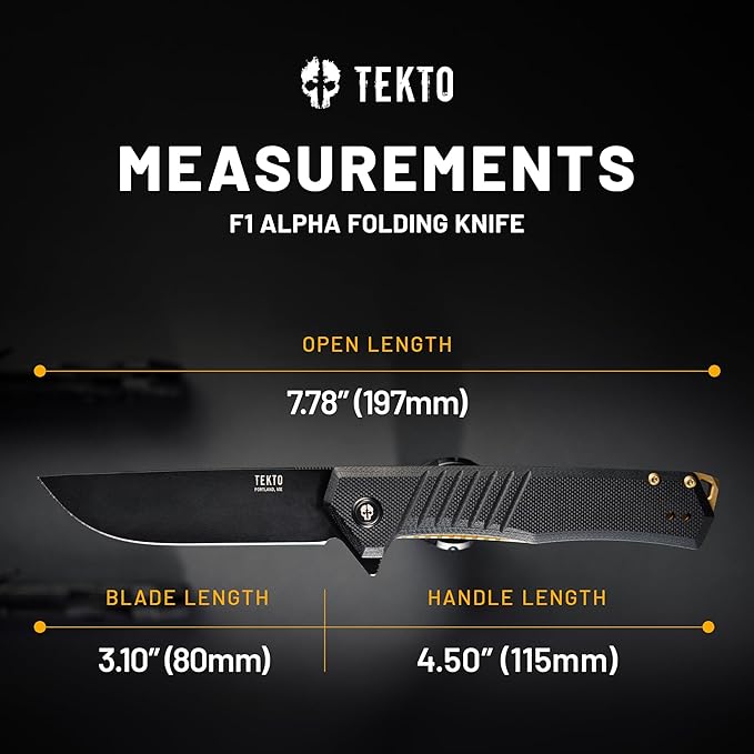 TEKTO F1 Alpha Folding Pocket Knife - Modified Straight Back Blade Titanium Coated D2 Steel Ideal for Outdoor Camping and Backpacking Tactical G10 Black Handle Bronze Titanium Accents