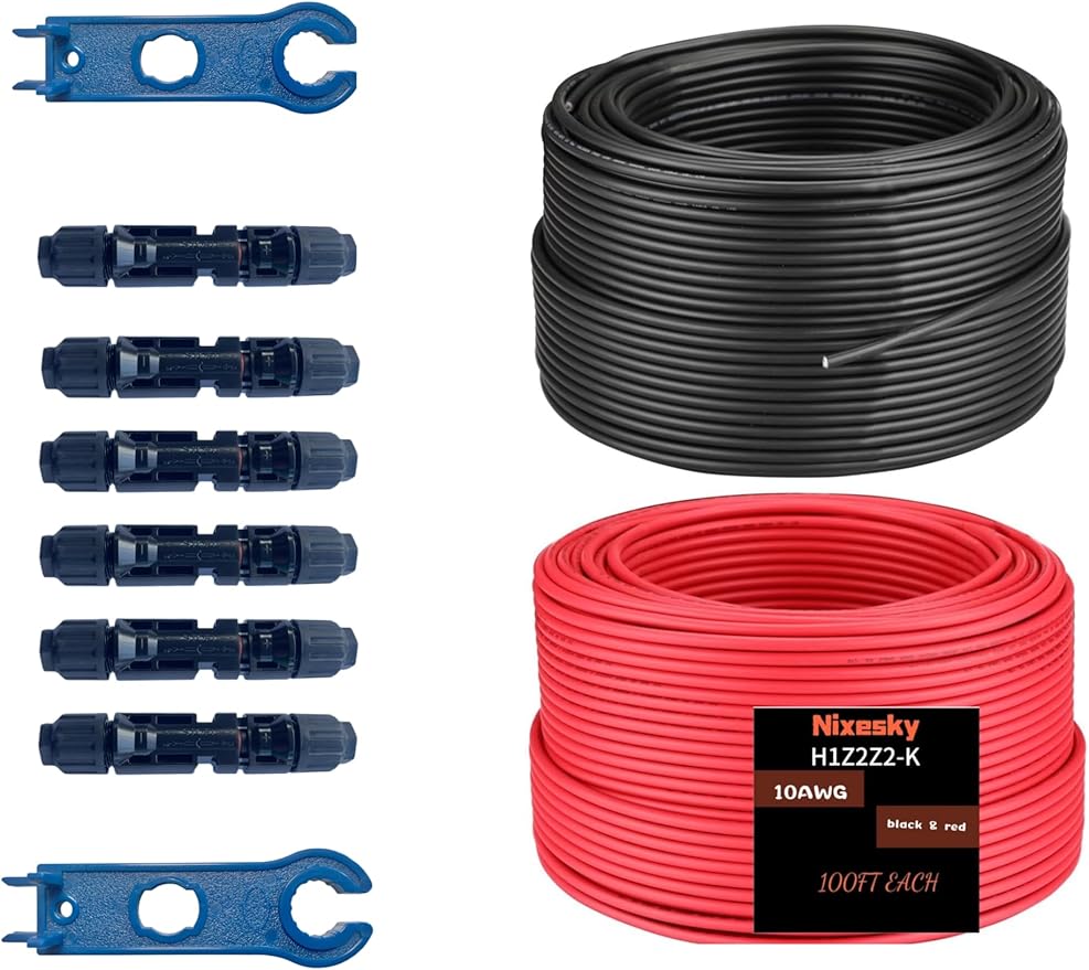 Solar Cable 50Ft 15M 10 awg Wire 50FT Black + 50FT Red 10 Gauge Solar Extension Cable Wire with 4 Pairs Solar Connectors for RV Photovoltaic Systems (50 Black red)