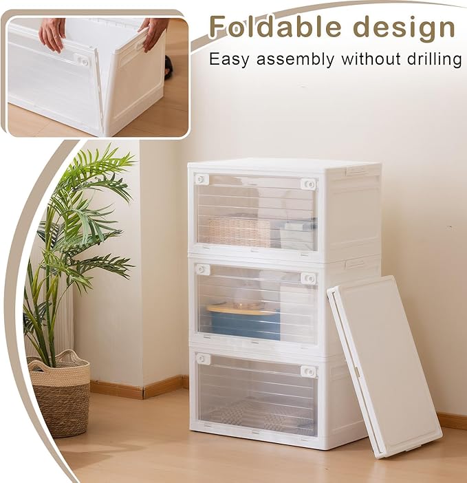 3-Tier 101QT Stackable Storage Bins with Lid Doors &amp Wheels Collapsible Plastic Organizer Bins for Closet Bedroom White