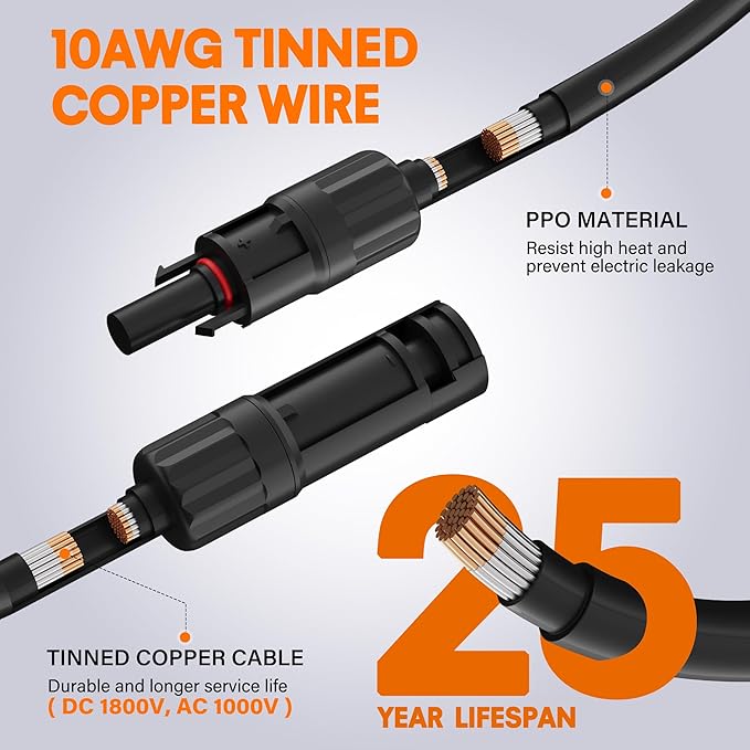 10AWG Solar Extension Cable 100 Ft Solar Pannel Cable Tinned Copper Wire with Extra Female and Male Waterproof Connector Pair Ties for Home RV Photovoltaic Systems (100FT Red+100FT Black)
