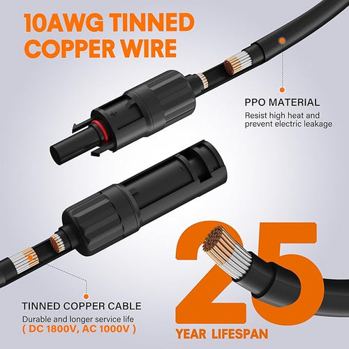 10AWG Solar Extension Cable 100 Ft Solar Pannel Cable Tinned Copper Wire with Extra Female and Male Waterproof Connector Pair Ties for Home RV Photovoltaic Systems (100FT Red+100FT Black)