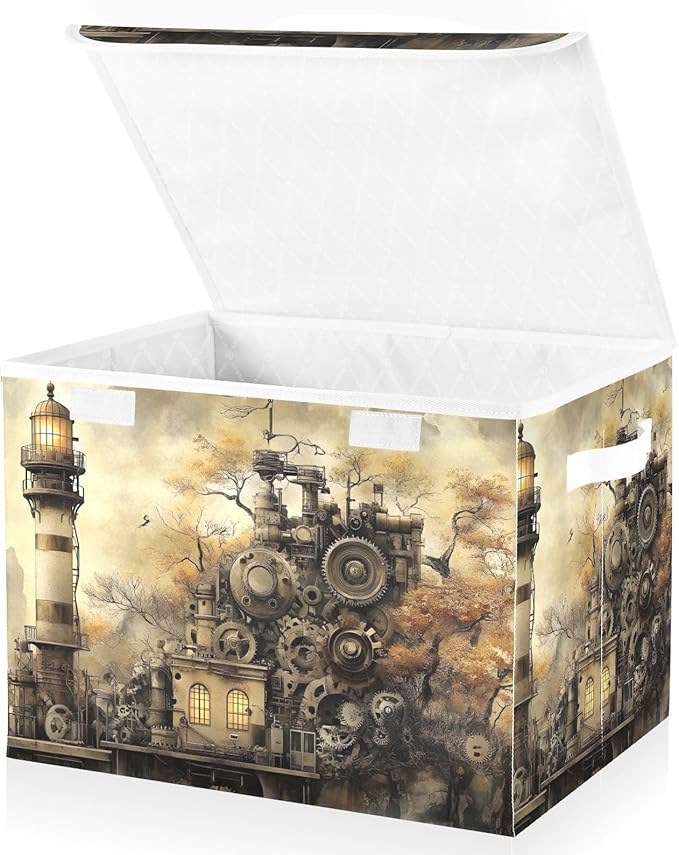 Steampunk Lighthouse Large Storage Bins with Linen Foldable Storage Box Fabric Closet Organizer Containers Cubes with Flip-Top Lid for Home Office 16.5” x 12.6” x 11.8”