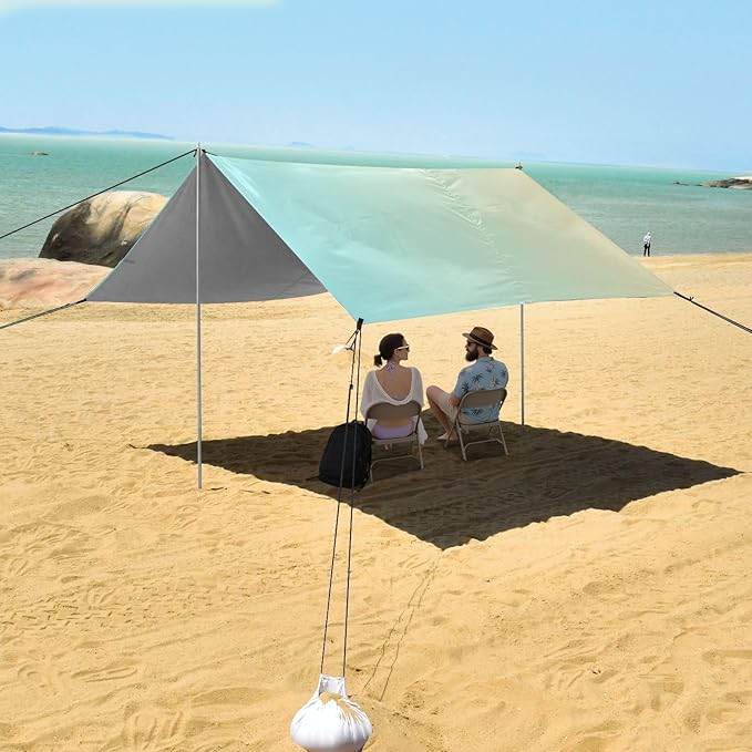 Blue Yellow Gradient Foldable Beach Cabana UPF50+ Protection Easy Setup Large Sun Shelter with Sandbags Sand Shovel Poles for Family Trips Picnics &amp Camping