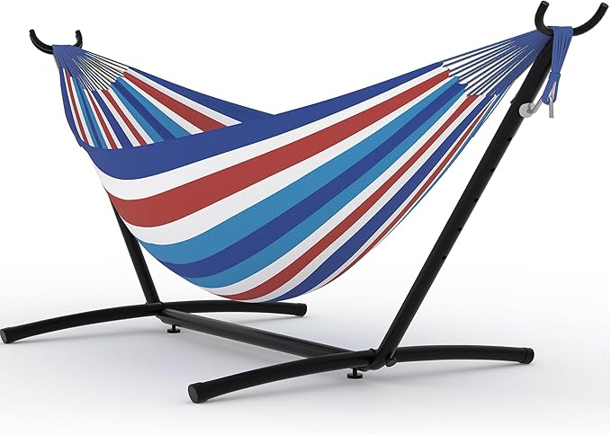 TrailBlaze Double Hammock with Heavy-Duty Steel Stand – Portable 2 Person Outdoor/Indoor Patio Hammock Set – 450lbs Capacity Space-Saving Carry Bag Included Comfortable &amp Durable – Blue White