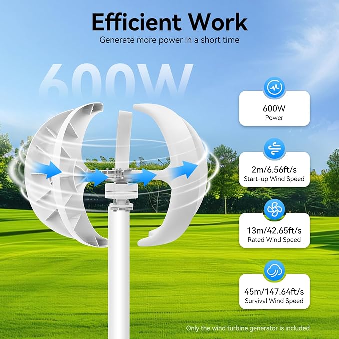 Wind Turbine Generators Kit 12/24V 600W Lantern 5-Blade Vertical Axis Wind Turbine Generator with Axis Controller (24V)