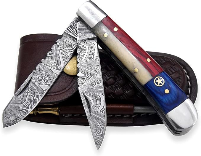 Damascus Steel Pocket Folding Knife Trapper folding knife Knife Leather Sheath Custom Hand Forged knives for Outdoor Survival Hunting Camping edc &amp Hiking Edge Sharpner Rod (TEXAS FLAG HANDL
