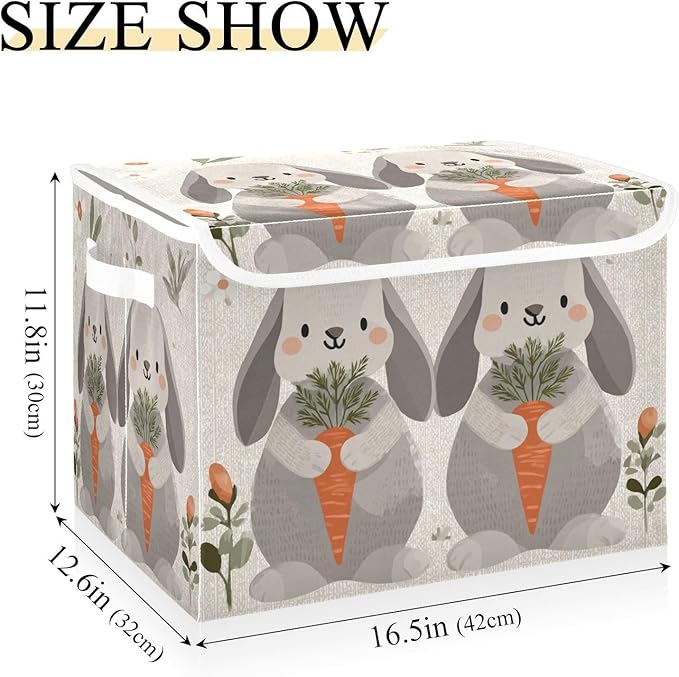 Collapsible Storage Bins with Lids Decorative Fabric Storage Cubes Closet Organizer and Storage Basket Boxes Containers for Clothes Box Chest Folding Rectangle Cute Grey Bunny Carrot