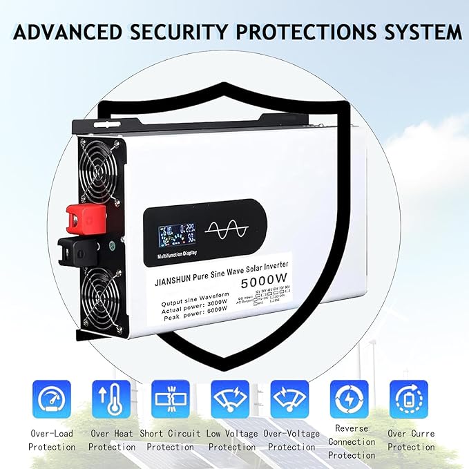 5000W Hybrid Solar Inverter 12V 24V 48V 60V 72V DC to 110V 220V AC Converter with LCD Screen Display Pure Sine Wave Inverter for Truck Home Vehicles Laptop Trip72V-5000W