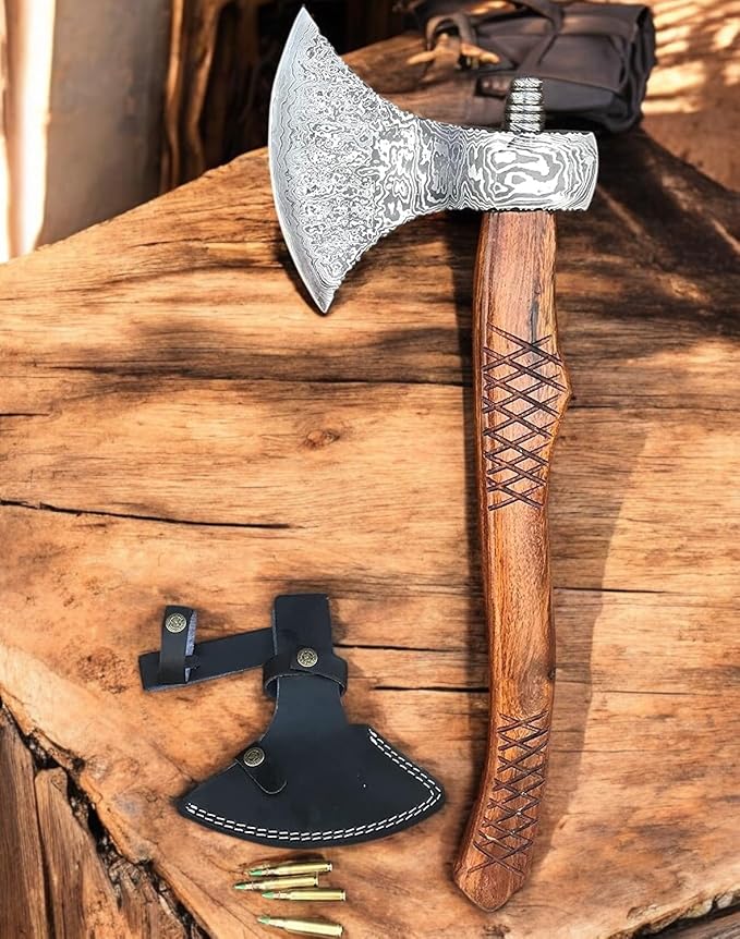 Poshland AX-7000 Custom Gift Forged Damascus Steel Vintage Axe with Rose Wood Shaft Viking Bearded Camping Axe (AX-7000) (AX-8194)