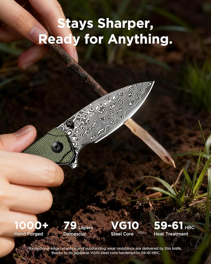 Folding Pocket Knife 2.99 Damascus Blade Micarta Handle Sharp Cool Small EDC Pocket Knives with Clip for Men Women Camping Hiking Survival Outdoor Mini 3080MG (Green)