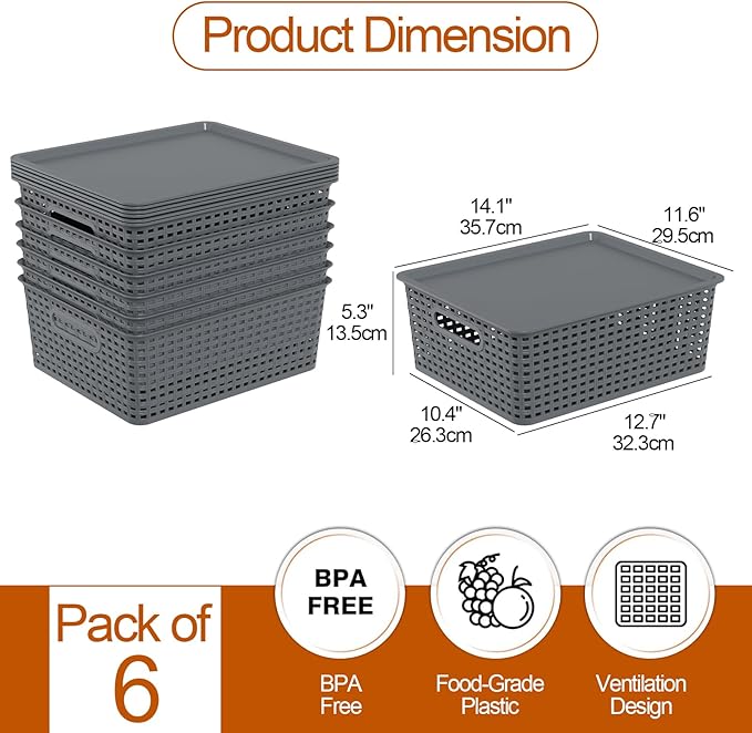 6-Pack Medium Plastic Storage Baskets Bins with Lid Lidded Storage Organizer Bins for Cabinets Countertop Shelves Gray