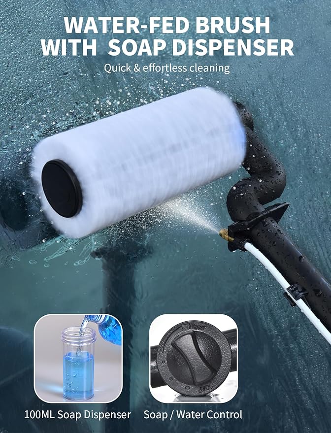 Electric Solar Panel Cleaning Kit 20FT Solar Panel Cleaning Brush and Pole with Soap Dispenser Telescopic Water Fed Pole 100Mins Runtime Solar Panel Cleaner Solution for Windows Roof (Black)
