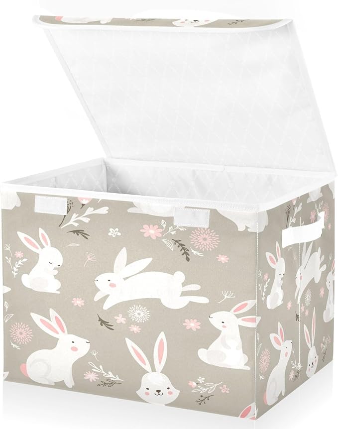 YETTASBIN Easter Bunny Storage Basket with Lid and Handles Large Collapsible Fabric Storage Bins Durable Storage Organizer for Shelves Closet Bedroom School Office Home Decor