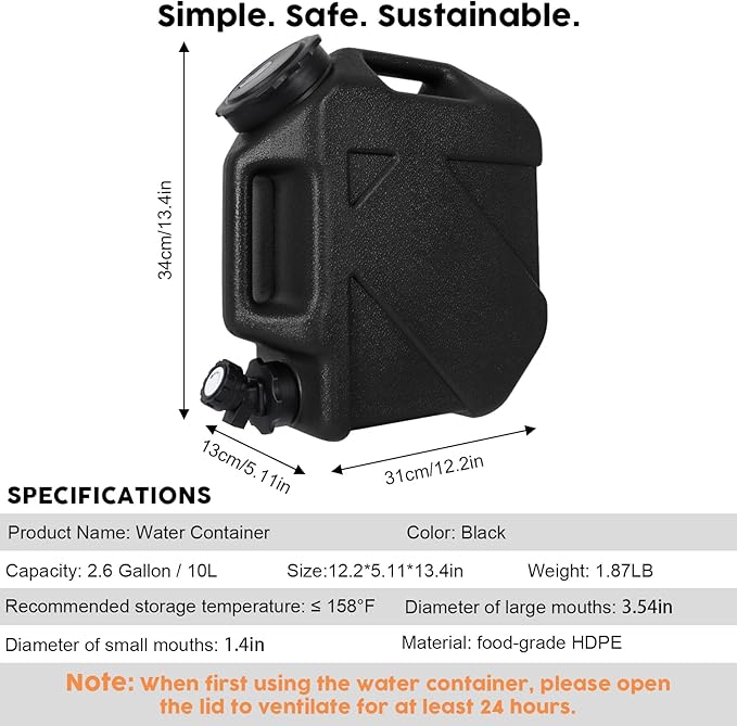 Digury 2.6 Gallon Water Jug Camping Water Container BPA Free Water Storage with Spigot No Leakage Portable Emergency Water Tank for Outdoor Hiking Camping Picnic Supplies Black