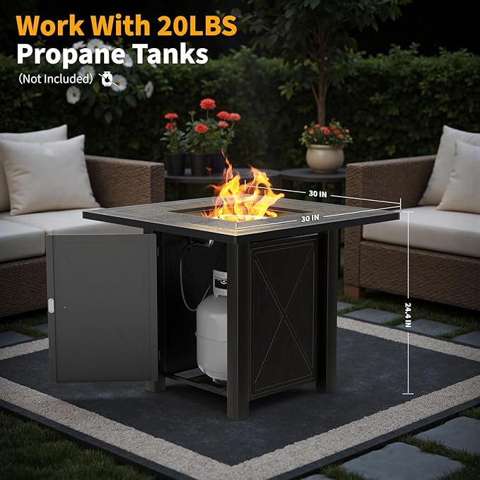 HOTEAGLE 30 Propane Fire Pit with Premium Ceramic Tabletop 50000 BTU Powerful Gas Firepit Table - Includes Lid and Lava Rocks Ideal Outdoor Fire Pit for Dining Party in Patio Garden Yard