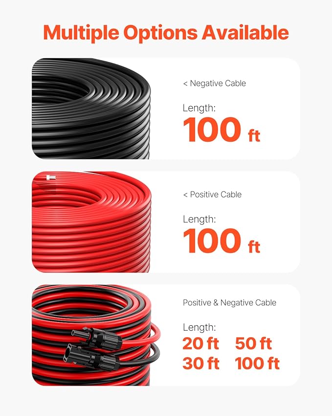 VEVOR 100FT Solar Panel Wire 10AWG Tinned Copper PV Cable 6mm² IP67 Waterproof XLPE Insulation Outdoor Extension Cord for RV Boat Home Solar Black