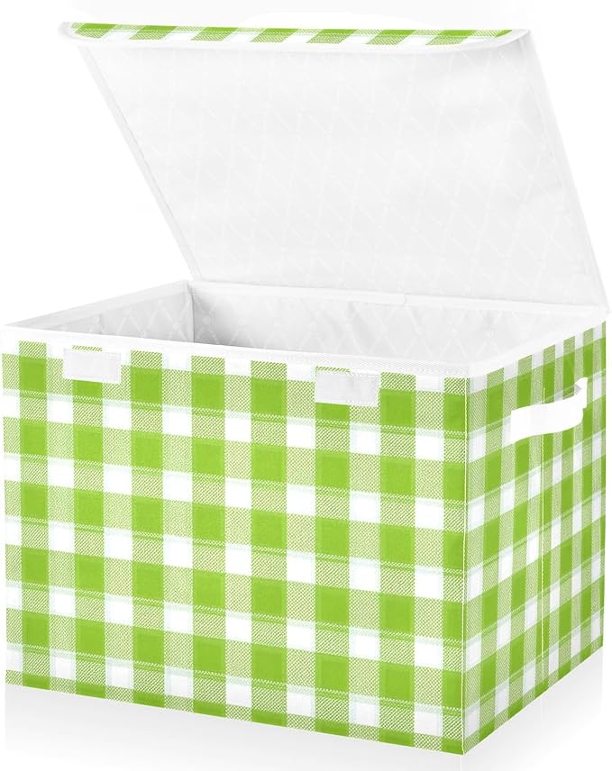 Spring Green Gingham Checker Storage Box with Lid 1 PC Foldable Storage Bin with Lids Stackable Storage Bins Cube Closet Organizer Basket with Flip-Top Lid &amp Handles for Shoes Books Towels