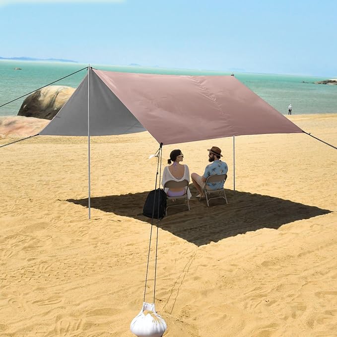 Rose Gold Gradient Foldable Beach Tent UPF50+ Waterproof Portable Sun Shelter Includes Sand Shovel Sandbags Stability Poles for Backyard and Camping