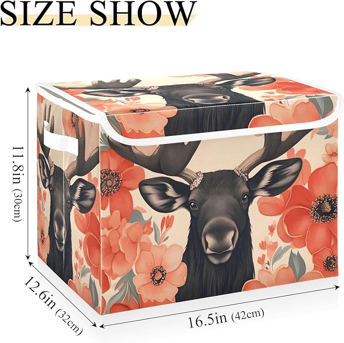 Storage Cube with Lid Floral Moose Print 16.5×12.6×11.8 IN Collapsible Large Capacity Foldable Storage Basket Bin Organizer
