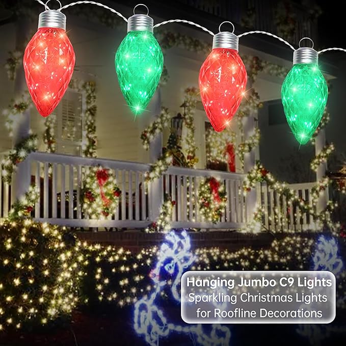 Red and Green Jumbo C9 Christmas Lights - 4 Bulbs 60 LED Giant C9 Outdoor Hanging String Lights for Tree Porch Gazebo Eave Decorations 12 Feet White Wire Connectable Red and Green - Twinkling