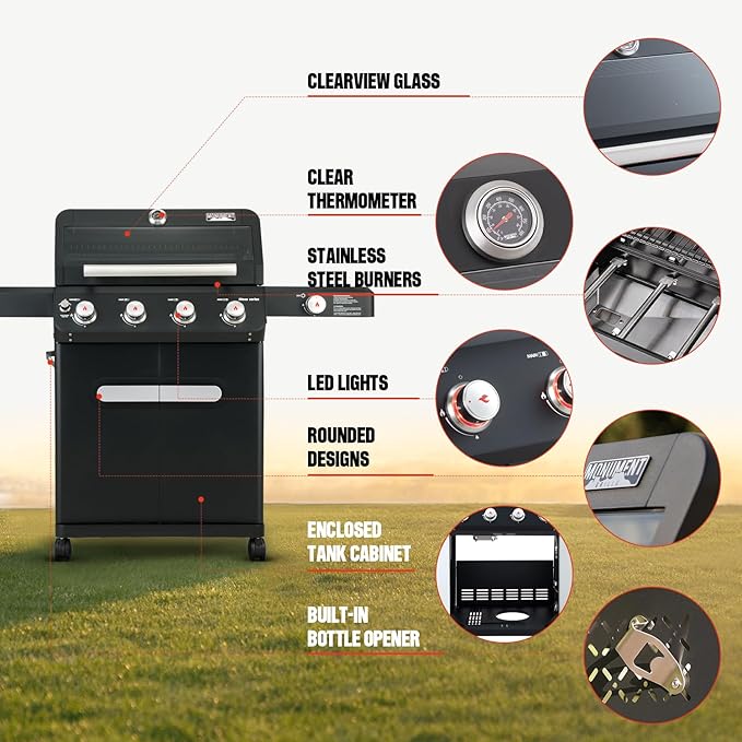 Monument Grills 4+1 Outdoor Barbecue Stainless Steel 4 Burners &amp 1 Side Burner Propane Gas Grill 52000 BTU Patio Garden Barbecue Grill with Knob Controls Mesa425 Black
