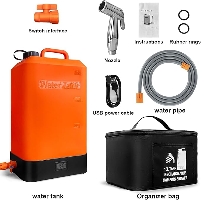 B. TAWD 4.5 Gallon Silicone Water Tank Portable Camping Shower USB Battery Charging Solar Heating with Shower Head Electric Portable Outdoor Shower Built-in Thermometer Beach Camping Hiking