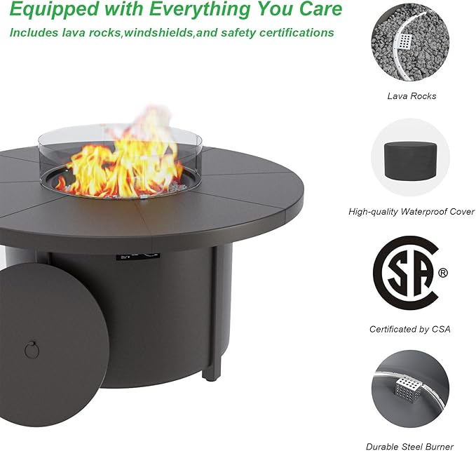 48 Round Propane Fire PitSteel Tabletop Fire Pit w Lava Rocks55000 BTU Auto-Ignition CSA Certified Gas Fire Pits with Lid &amp Windproof Glass for OutdoorPatioBackyard