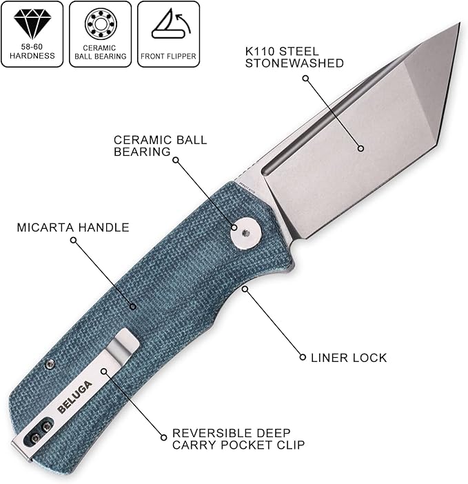Petrified fish PFP01T Beluga3.58 K110 Black Stonewashed Blade 157g Micarta Handle Front Flipper Liner lock Folding knife (Blue Micarta Stonewashed)