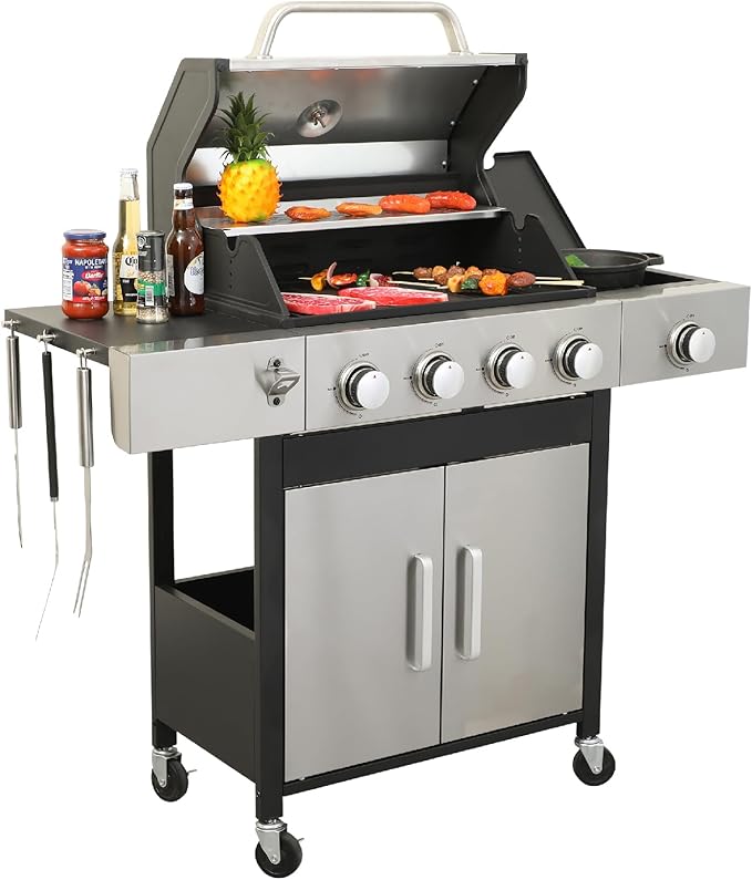 4 Burner Propane Gas Grill with Side Burner &amp Porcelain-Enameled Cast Iron Grates &amp Grids 46790BTU Output Stainless Steel BBQ Grill for Outdoor Cooking Camping Barbecue Grill for Patio