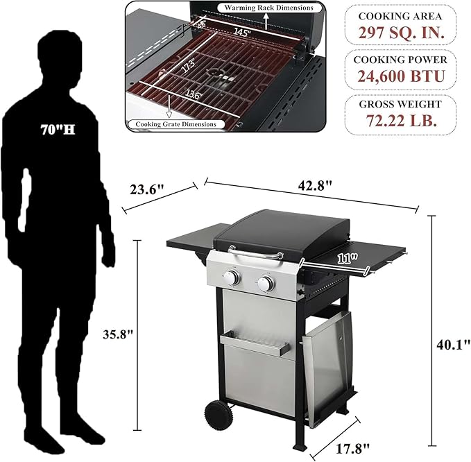 2-Burner Propane Gas BBQ Grill with Wire Enamel Cooking Grids &amp SS Plancha 24600 BTU Output Stainless Steel Grill with Foldable Side Table and Hanging Basket for Outdoor Backyard Barbecue