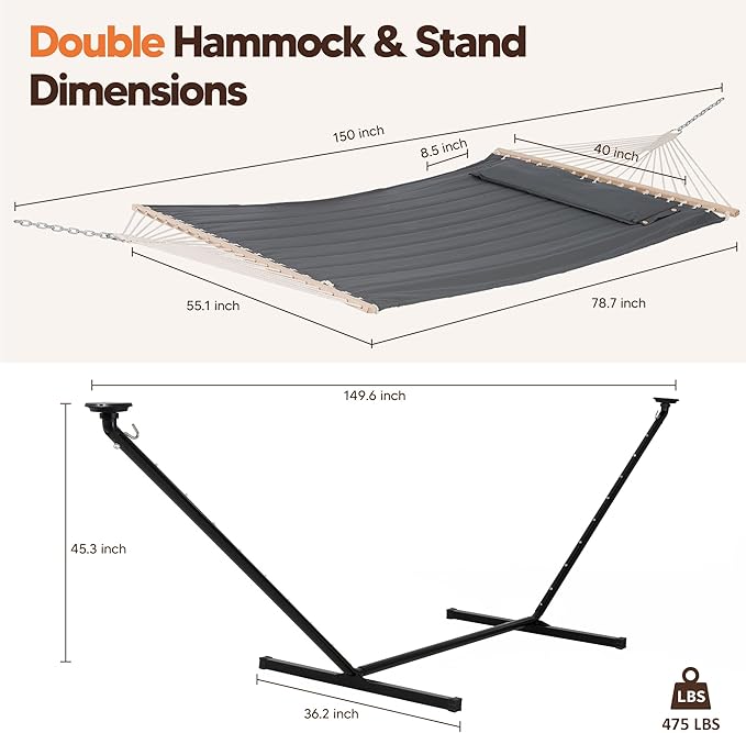 SUNCREAT Double Hammock with 12 ft Stand Solar Powered Lights Included Outdoor Hammock for Outside Dark Gray