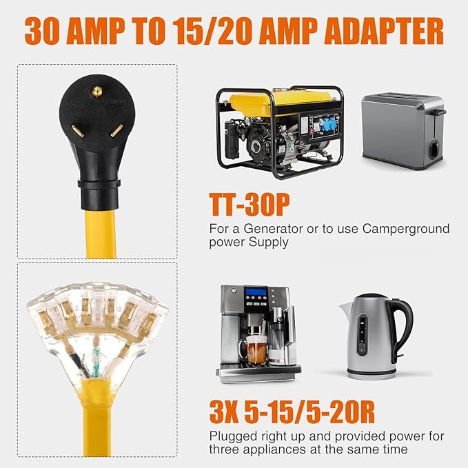 Tellegloww 6.6 FT Flat RV Generator Adapter Cord NEMA TT-30p to 3X 5-20R/5-15R 30A to 110V 15/20 A Household Outlet Adapter 10 Gauge Flat Rv Generator Extension Cord Etl Listed Yellow