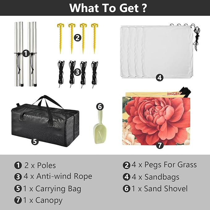 Florals Rose Dahlia Gladiolus Yellow Beach Cabana UPF50 Waterproof Large Sun Shelter Includes Sand Shovel Sandbags Stability Poles for Camping Picnics Backyard &amp Fishing