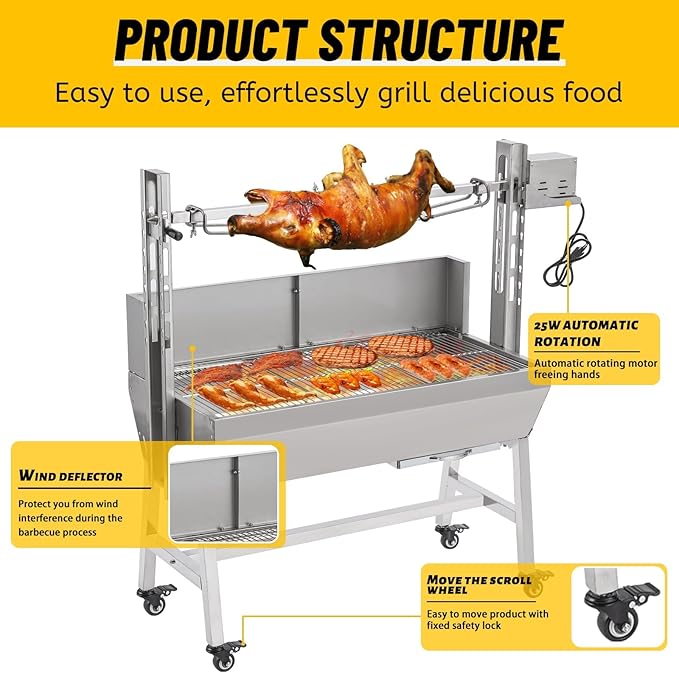 132LBS Rotisserie Grill with Hooded Cover 25W Motor BBQ Lamb Pig Grill Roaster Rotisserie 35 Stainless Steel Charcoal Grills for Camping Outdoor Barbecue